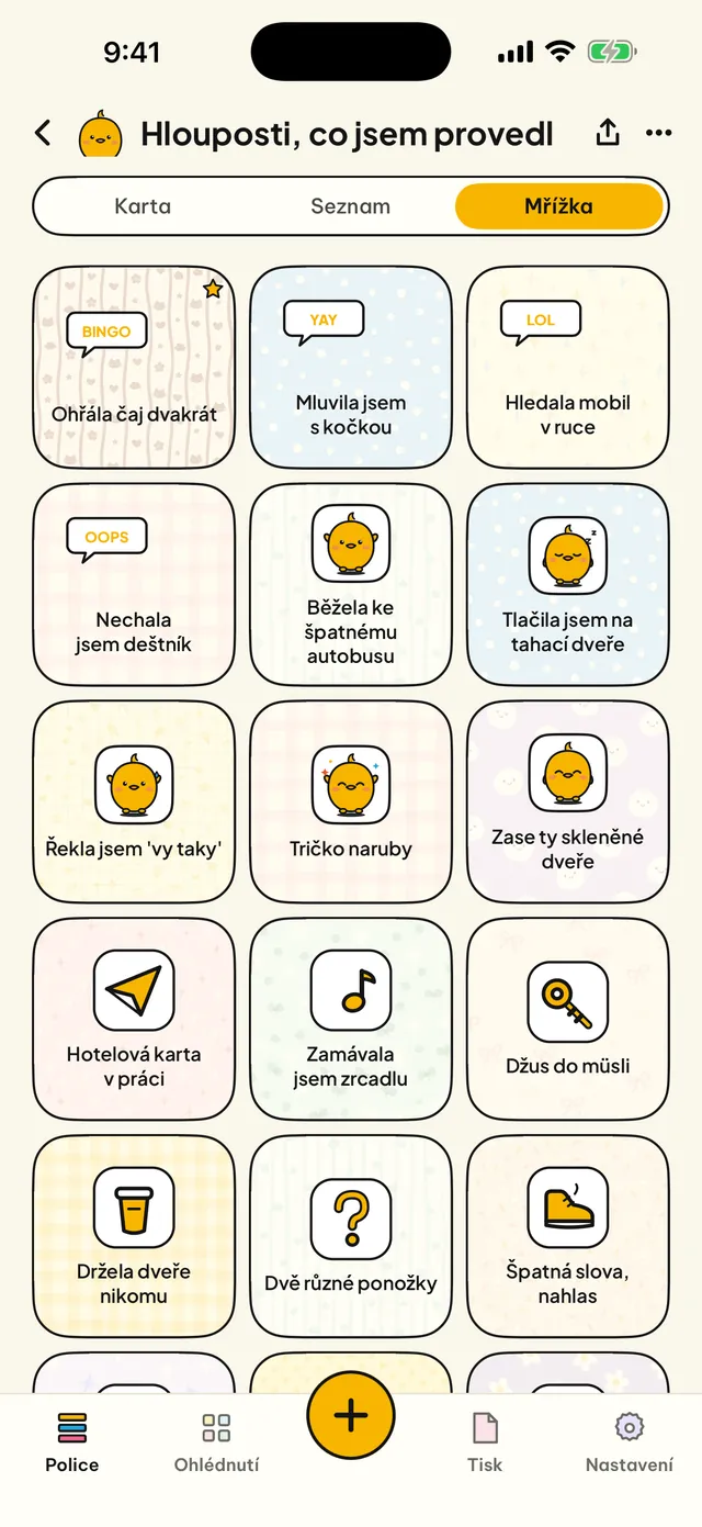 Karta, seznam nebo mřížka.