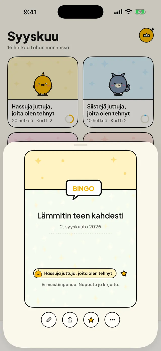 Joka hetki saa oman kortin.