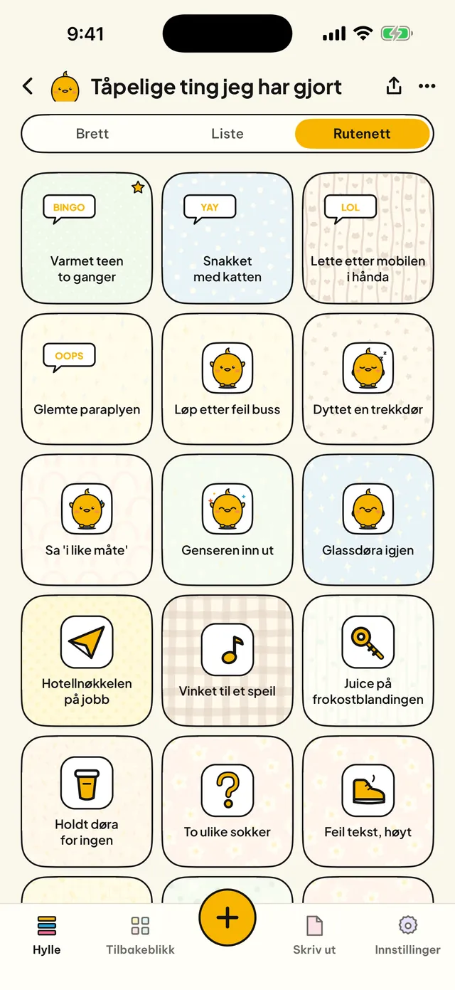 Plate, liste eller rutenett.