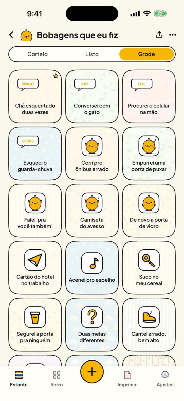 Cartela, lista ou grade.